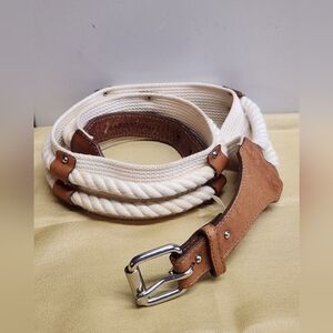 Vintage Lands' End Cream Colored Woven Rope Leather Belt Medium 32-37" 41" Total